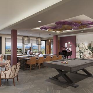 A modern living room featuring a pool table, dining area, and a piano with stylish decor.
