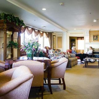A luxurious living room featuring elegant furniture and decor with a seating area and greenery.