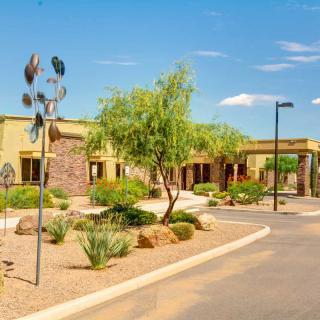 A sunny view of a desert-style building with a landscaped driveway.