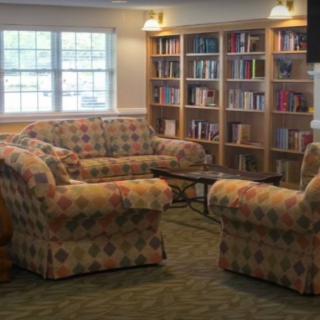 A cozy living room with patterned sofas and bookshelves filled with books, lit by warm lighting near a window.