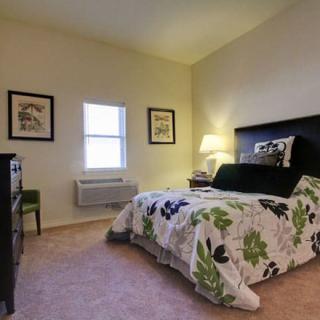 Cozy bedroom with single bed and floral bedding, accented by artwork and a warm lamp.