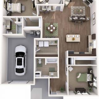 3D floor plan of a modern apartment with garage, living area, bedrooms, and kitchen.