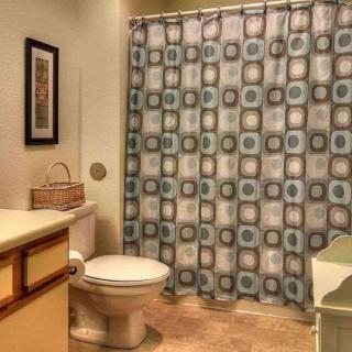 A cozy bathroom with a patterned shower curtain and essential fixtures.
