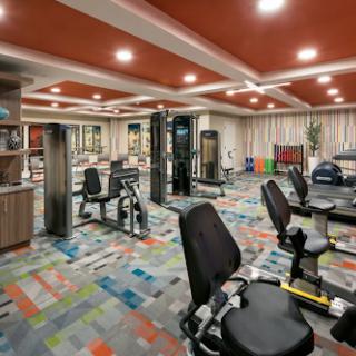 A modern gym featuring various exercise machines and a vibrant carpet.
