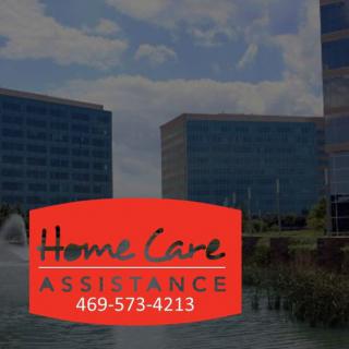 Home Care Assistance contact information overlaid on an office building background.