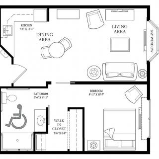 A floor plan of an accessible apartment featuring a living area, dining area, bedroom, kitchen, and bathroom.