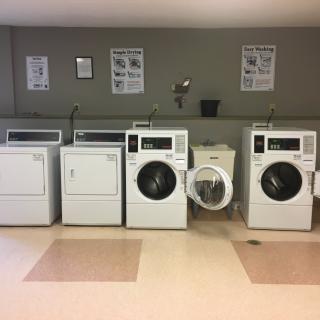 A laundromat with a row of washing machines and dryers.