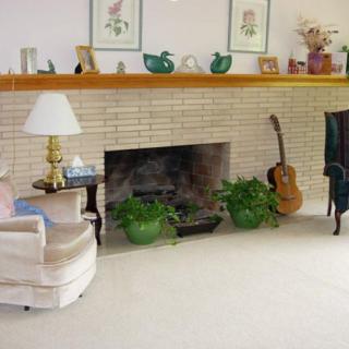 A cozy living room with a fireplace, armchair, potted plants, and a guitar leaning against the wall.