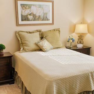 A cozy bedroom with a neatly made bed, decorative pillows, and matching nightstands with lamps.