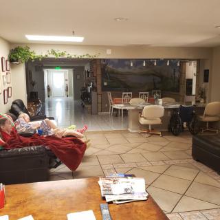 A cozy living room with a sofa, table, and chairs surrounded by decorative elements and indoor plants.