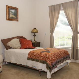 A cozy bedroom with a single bed, elegant decor, and natural lighting from a large window.