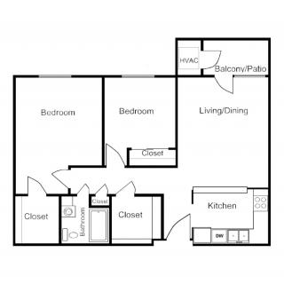 A detailed floor plan of a two-bedroom apartment with a living room, kitchen, and bathroom.
