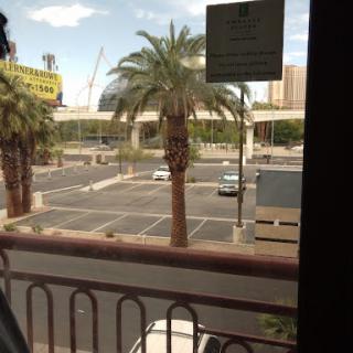A view of a quiet urban scene featuring palm trees and an empty parking lot.