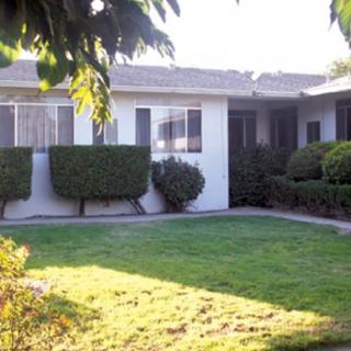 A small house with a neatly maintained lawn and trimmed bushes in the front yard.