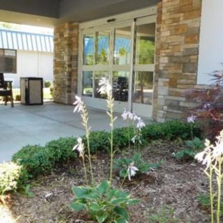 A building entrance with well-maintained landscaping and flowering plants.