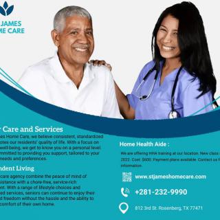A promotional flyer for St. James Home Care featuring healthcare services for the elderly, including assisted living and home health aides.