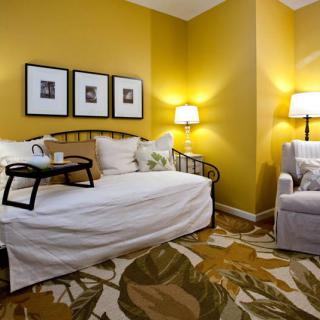Cozy living room with yellow walls, a daybed, and an armchair.