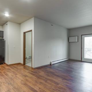 A modern empty room with hardwood flooring and neutral walls, featuring a doorway and large window.