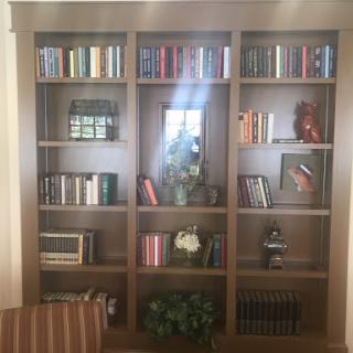 A well-organized bookshelf displaying a variety of books and decorative items.