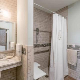A modern, accessible bathroom with a shower area featuring a curtain and grab bars.