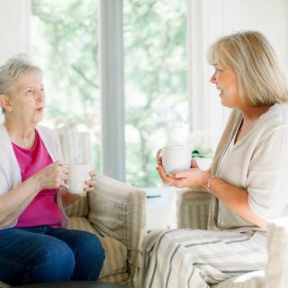 Two women enjoying a casual conversation over coffee in a cozy living room.