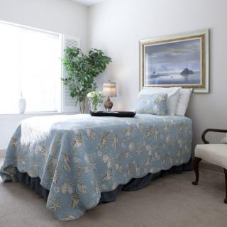 A cozy bedroom with a neatly made bed, decorative artwork, and a potted plant by the window.