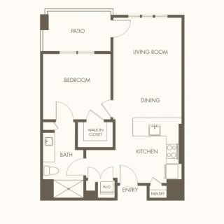 A floor plan of a one-bedroom apartment featuring a kitchen, bathroom, living room, and dining area.