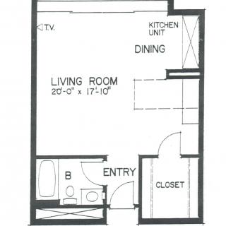 Studio apartment floor plan with living room, kitchen unit, bathroom, and closet.
