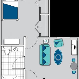 A floor plan depicting a one-bedroom apartment with a living room, kitchen area, and bathroom.