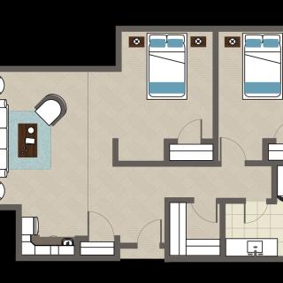A floor plan of a two-bedroom apartment with a living area and kitchen.