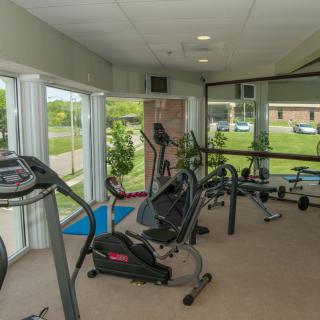 A small indoor gym equipped with exercise machines such as treadmills, ellipticals, and stationary bikes.