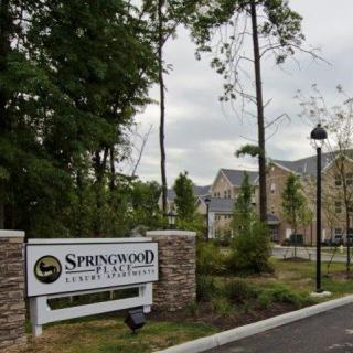 Entrance to the Springwood apartment complex surrounded by trees.