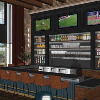 A modern sports bar interior with multiple TV screens and a well-stocked drink counter.