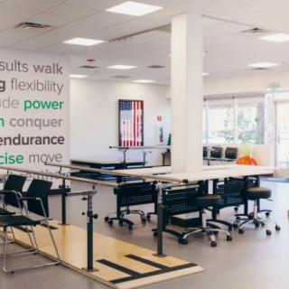 A physical therapy and rehabilitation center equipped with exercise and therapy tools.