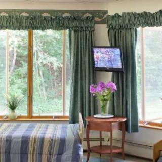 A cozy bedroom with a large window, green curtains, and a small table with flowers.