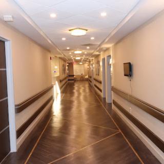 A well-lit and modern hallway, featuring stylish woodwork and a polished floor.