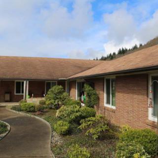 A view of a brick residential house with a landscaped garden and pathway.