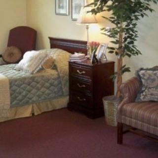 A cozy bedroom with a bed, nightstand, lamp, chair, and a potted plant.