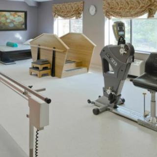 A physical therapy room equipped with exercise machines and therapy aids.