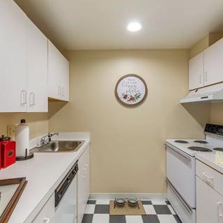 A modern kitchen with white cabinets, featuring an oven, sink, and ample counter space.
