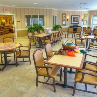 A bright and spacious dining area with neatly arranged tables and chairs, complemented by indoor plants.