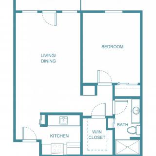 A simple floor plan of a one-bedroom apartment, showing the layout of the living room, bedroom, kitchen, and bathroom.