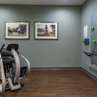 A small gym area with exercise equipment and paintings on the wall.