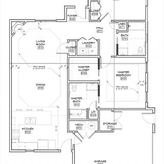 A detailed floor plan of a residential building layout with labeled rooms.