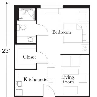 Compact apartment floor plan featuring a bedroom, living room, kitchenette, and closet.