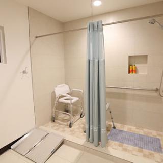 An accessible bathroom featuring a spacious shower area with safety features and modern amenities.