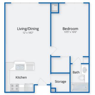 One-bedroom apartment floor plan with living/dining area, kitchen, bathroom, and storage.