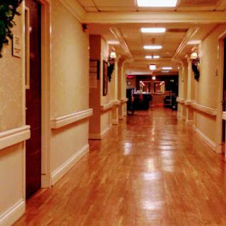 A well-lit hallway in a healthcare facility, featuring wooden floors and decorative elements along the walls.
