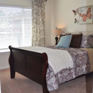 A cozy bedroom with a neatly made bed, decorative pillows, and a butterfly artwork on the wall.