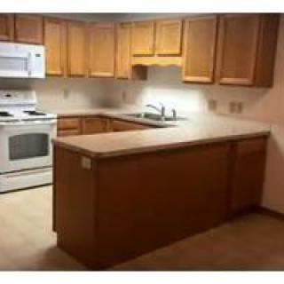 A kitchen featuring wooden cabinets, a countertop, and standard appliances.